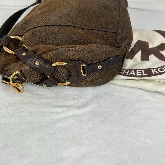 Michael Kors Tristan Mocha Satchel/Crossbody Suede Leather Snakeskin Gold Plated - Picture 8 of 16